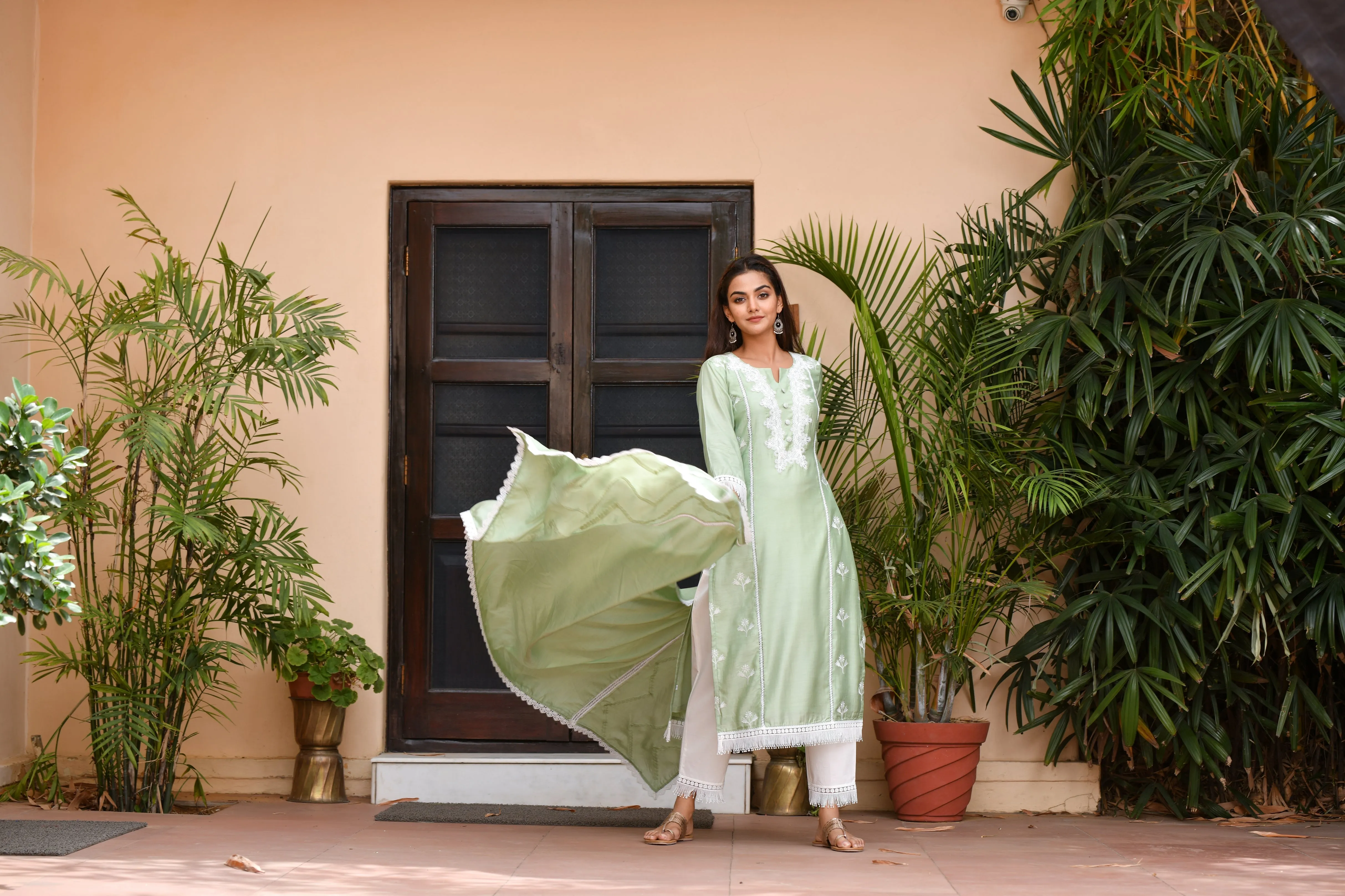 Pista Green Lace Silk Suit Set