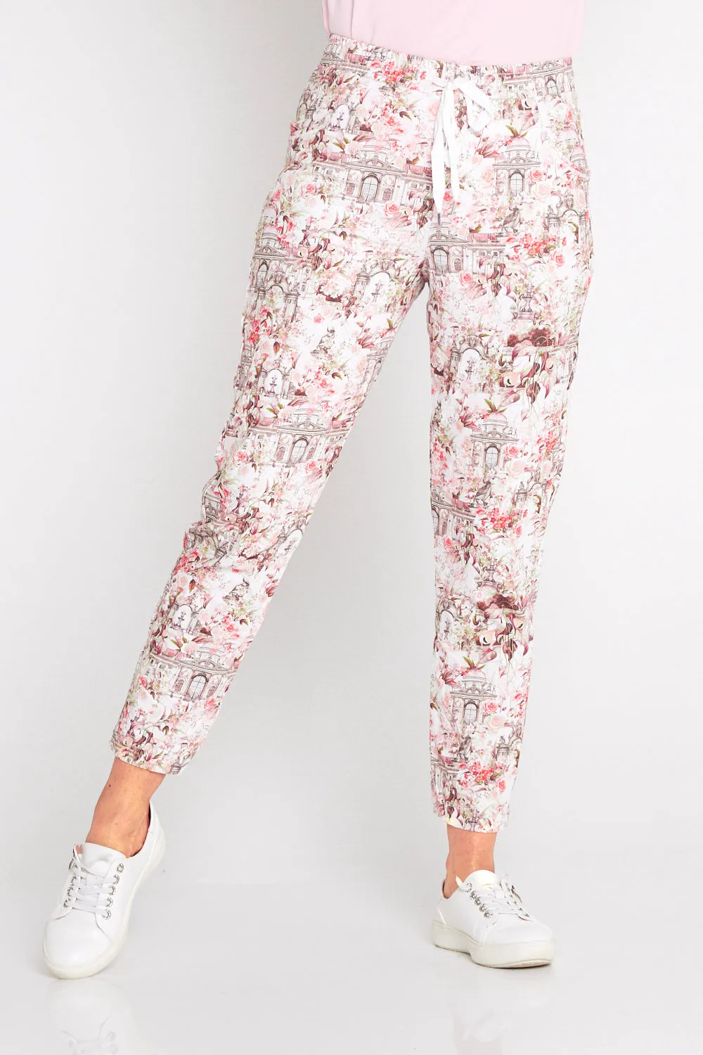 Printed Crushed Drawstring Pants - Floral Buildings