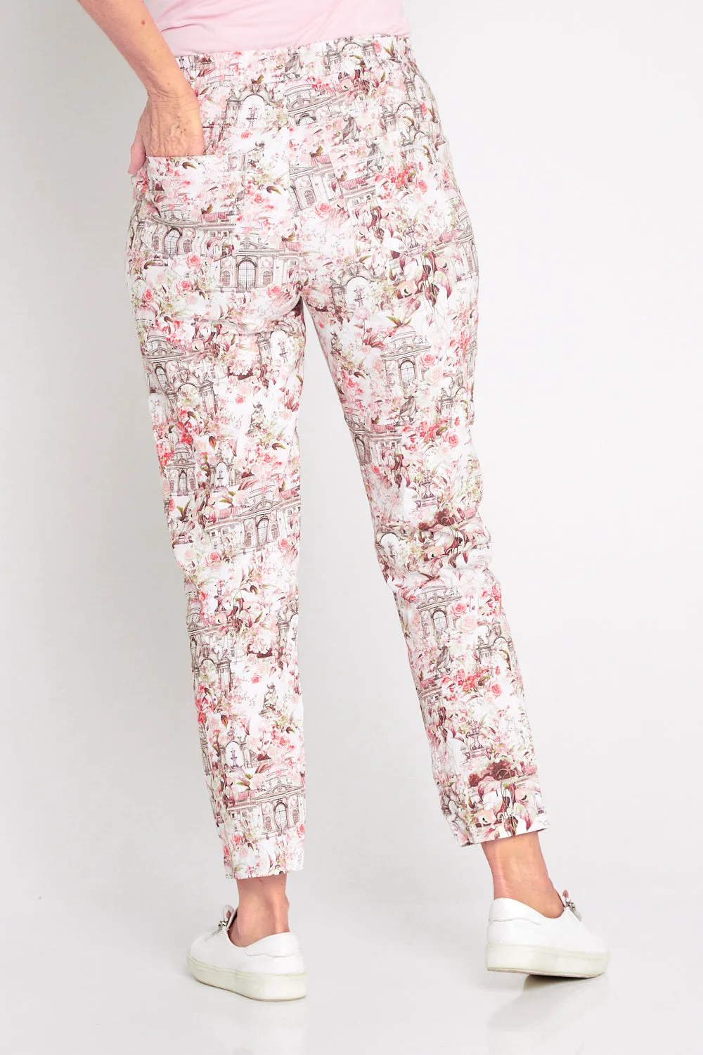 Printed Crushed Drawstring Pants - Floral Buildings