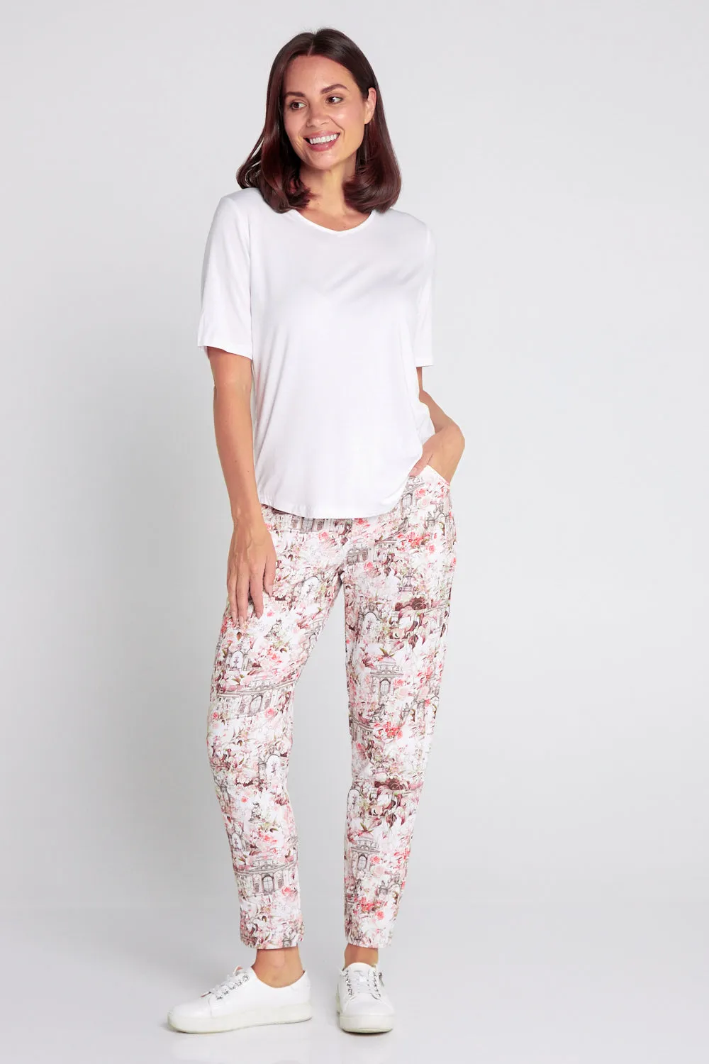 Printed Crushed Drawstring Pants - Floral Buildings