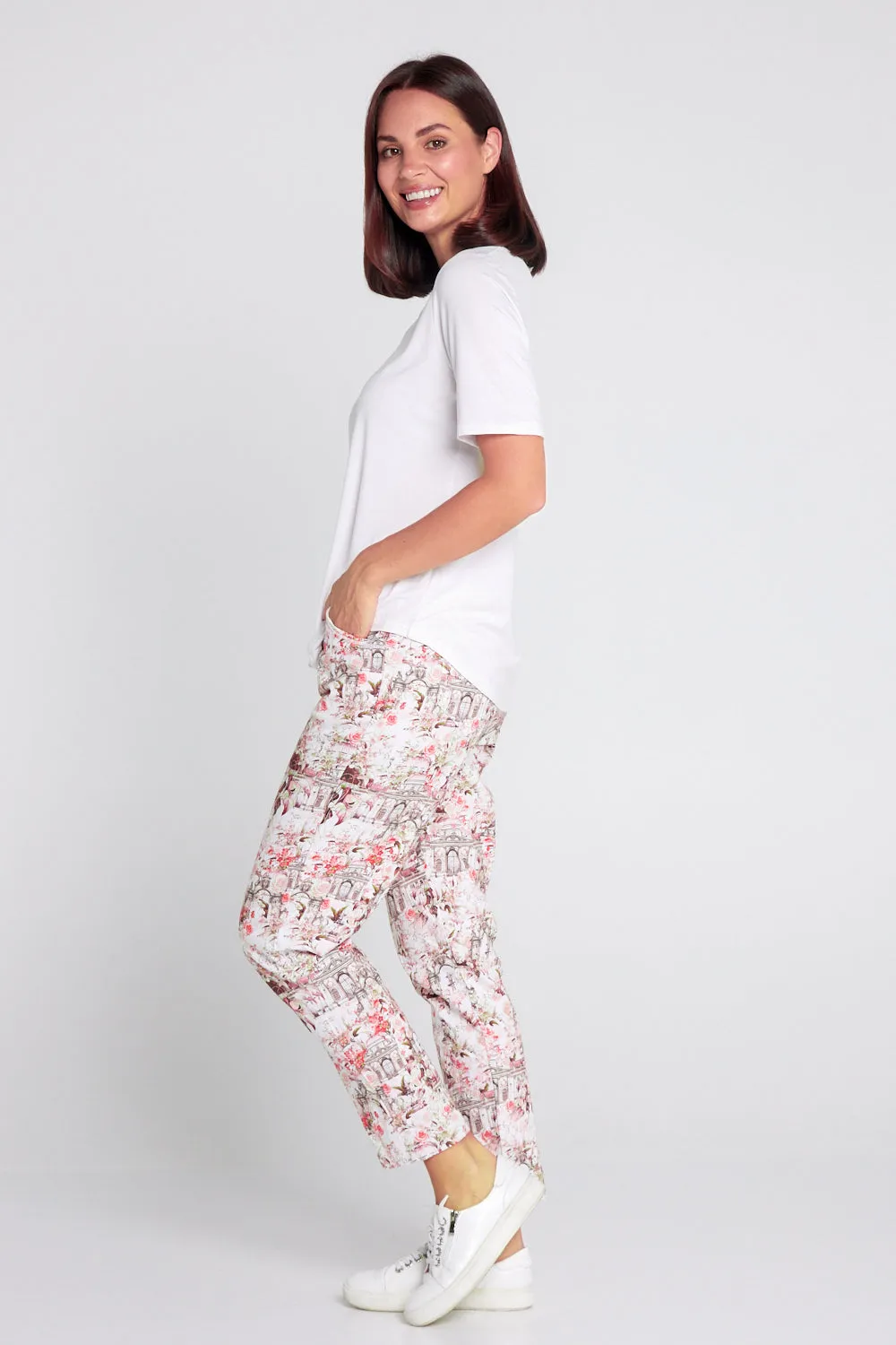 Printed Crushed Drawstring Pants - Floral Buildings