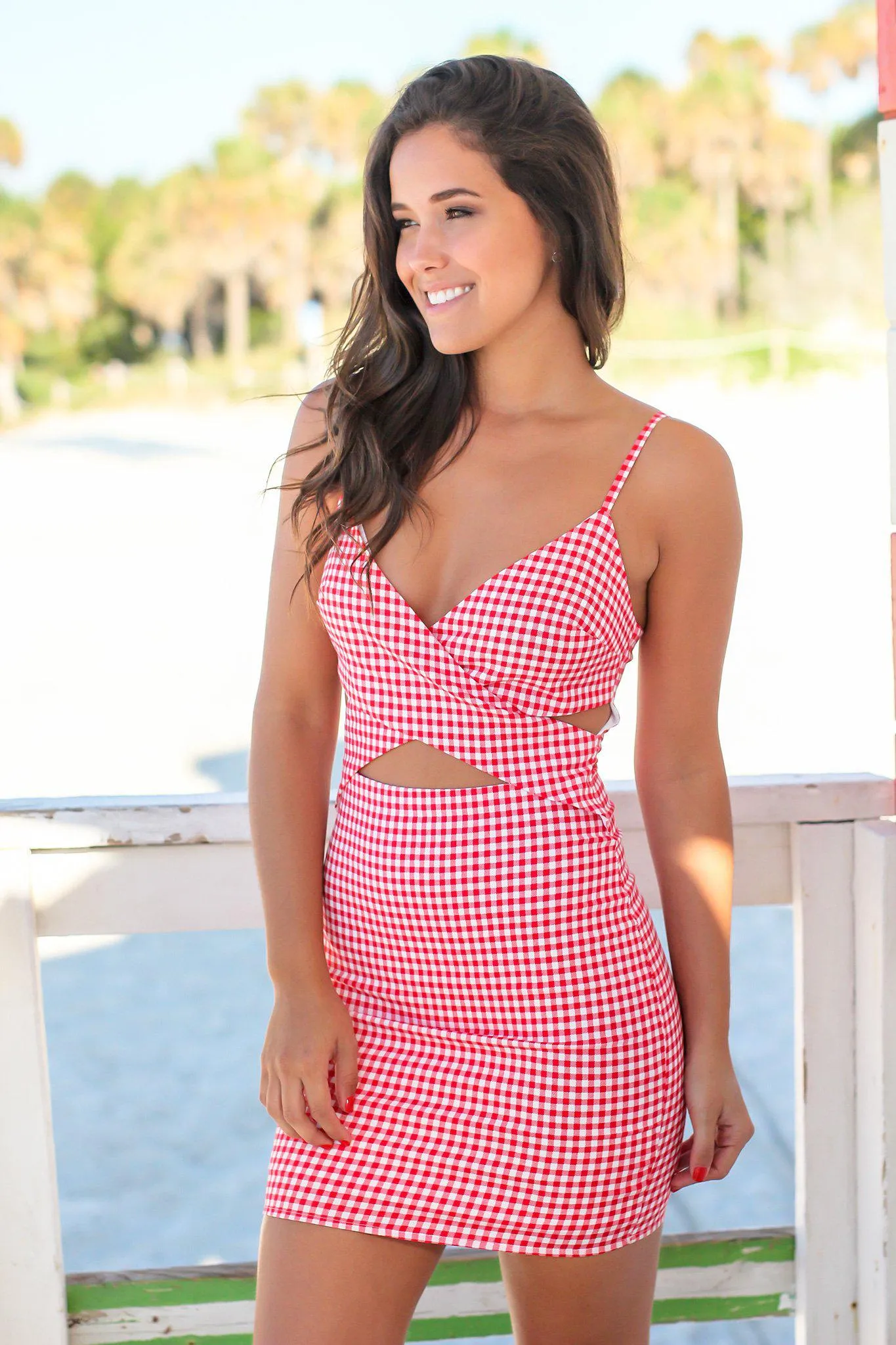 Red Checkered Short Dress with Cut Outs