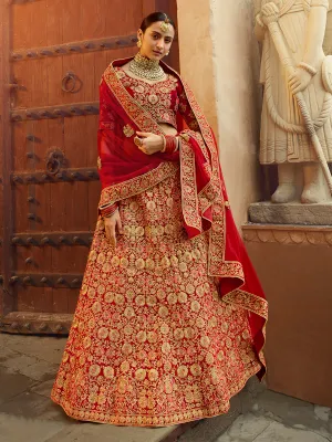 Red Embroidered Velvet Semi Stitched Lehenga With Unstitched Blouse