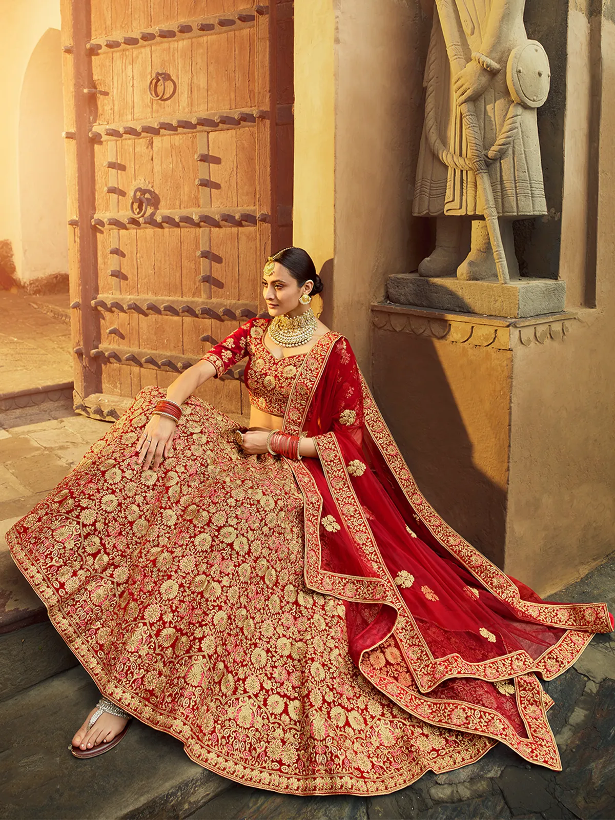 Red Embroidered Velvet Semi Stitched Lehenga With Unstitched Blouse