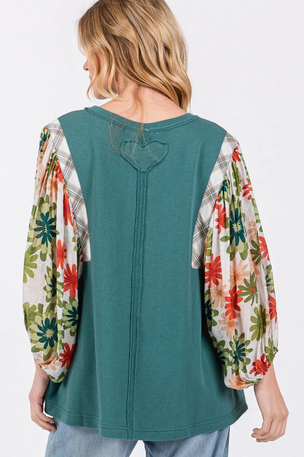 SAGE   FIG Full Size Printed Balloon Sleeve Contrast Top