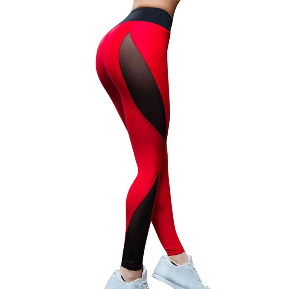 Sexy Women Red Black Patchwork Gym Leggings