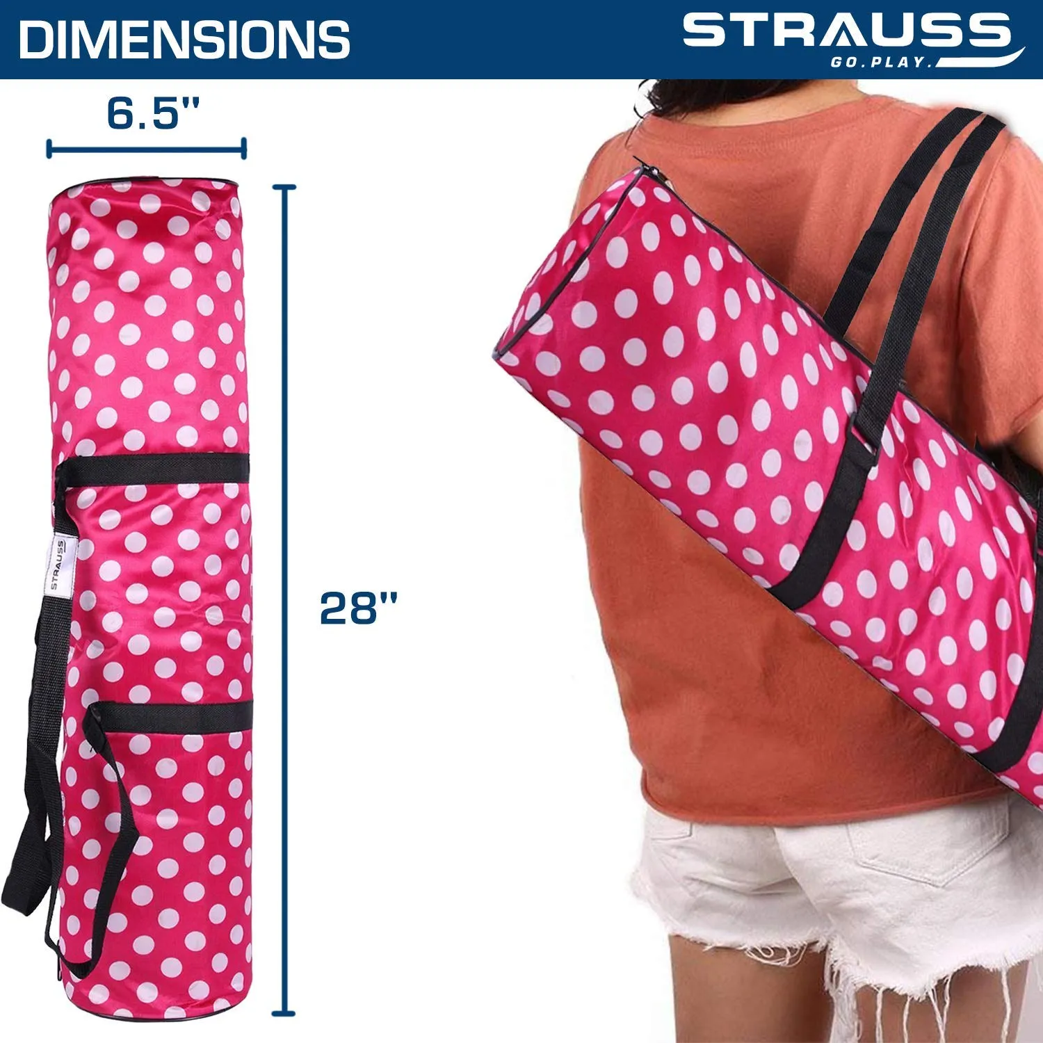 Strauss TPE Eco Friendly Dual Layer Yoga Mat, 6 mm (Pink) and Yoga Mat Bag,Polka Dots Pink (Full Zip)