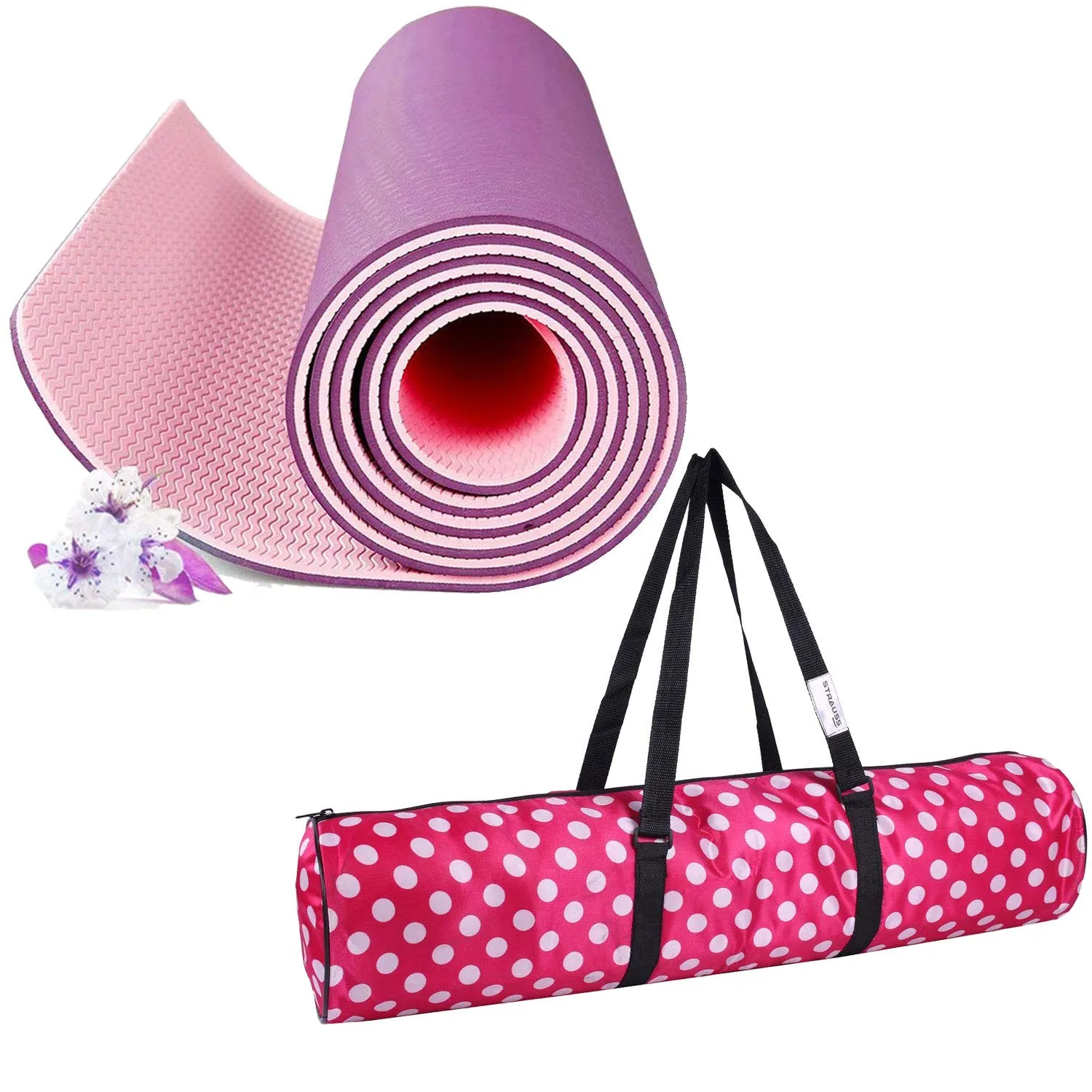 Strauss TPE Eco Friendly Dual Layer Yoga Mat, 6 mm (Pink) and Yoga Mat Bag,Polka Dots Pink (Full Zip)