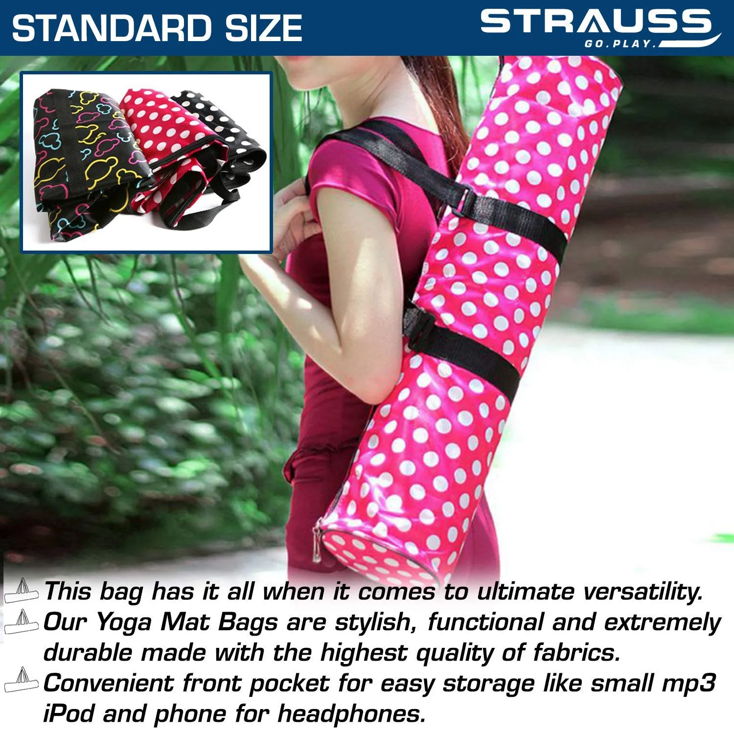 Strauss TPE Eco Friendly Dual Layer Yoga Mat, 6 mm (Pink) and Yoga Mat Bag,Polka Dots Pink (Full Zip)