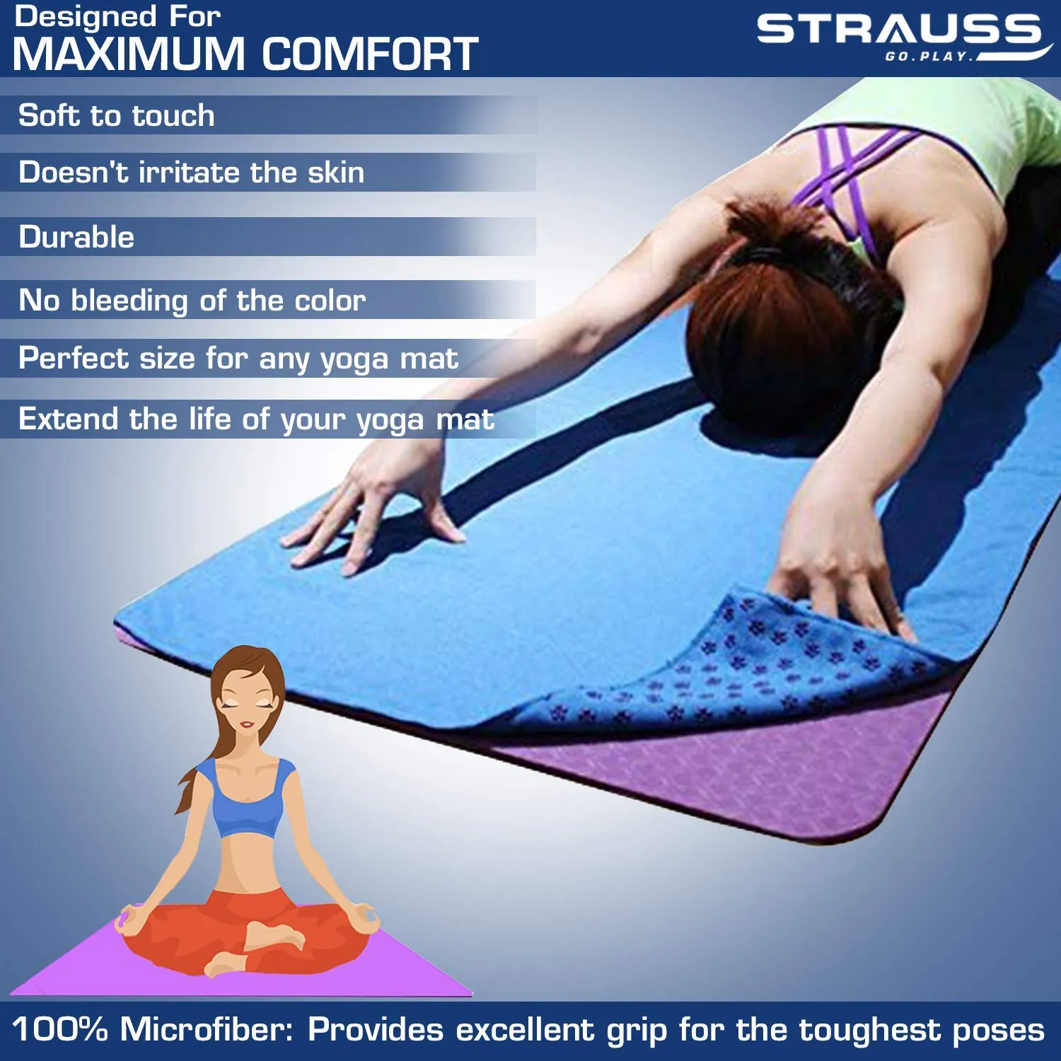 Strauss Yoga Mat 4mm Pink (Yogasana), Yoga Block Dual Color (Pink)  Pair, Anti-Slip Yoga Towel (Blue) and Yoga Belt (Orange)