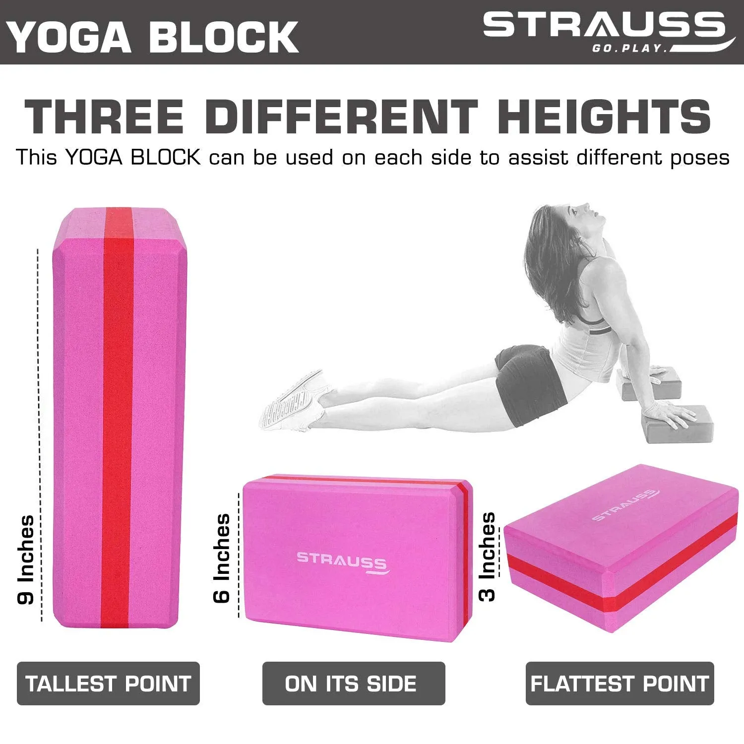 Strauss Yoga Mat 4mm Pink (Yogasana), Yoga Block Dual Color (Pink)  Pair, Anti-Slip Yoga Towel (Blue) and Yoga Belt (Orange)