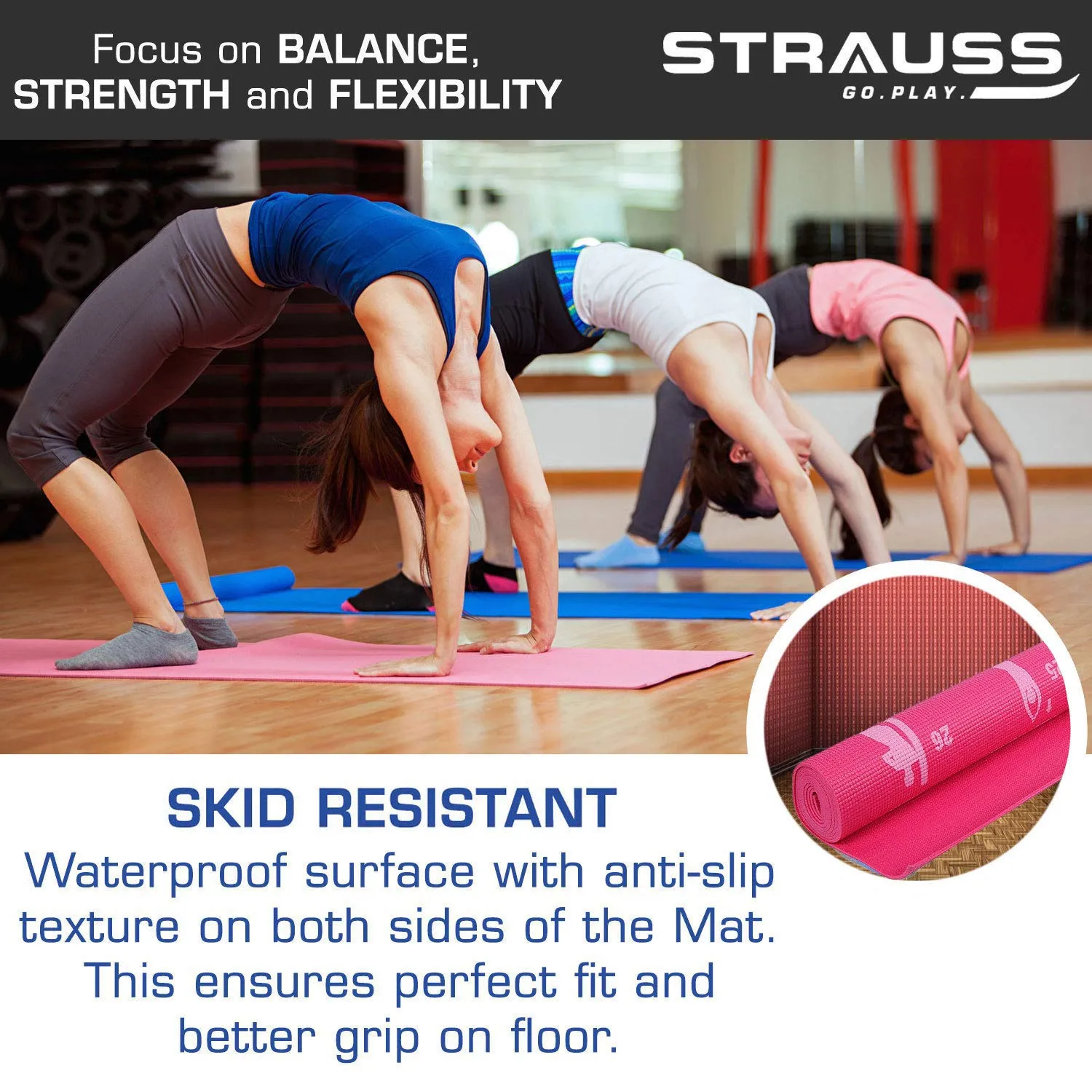 Strauss Yoga Mat 4mm Pink (Yogasana), Yoga Block Dual Color (Pink)  Pair, Anti-Slip Yoga Towel (Blue) and Yoga Belt (Orange)