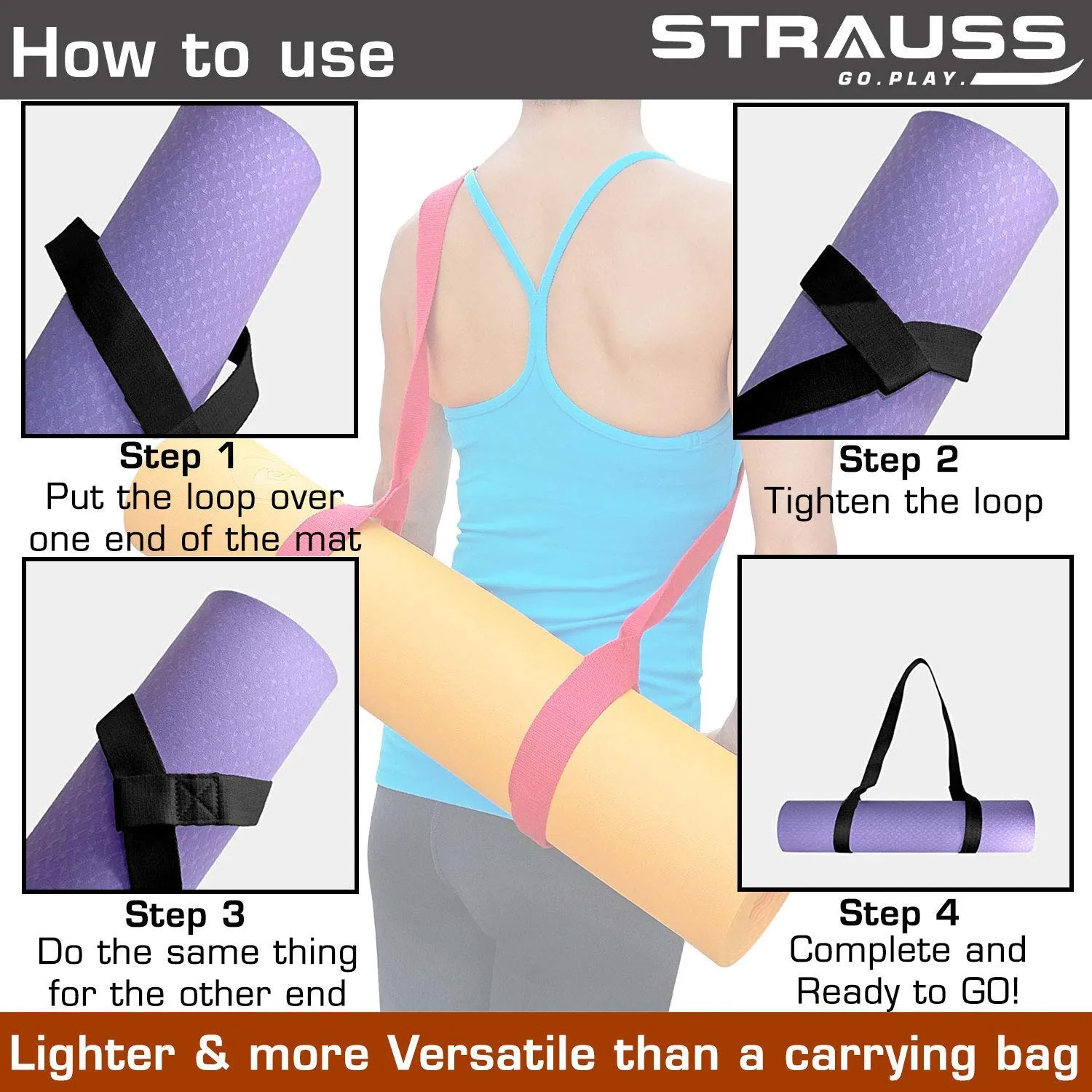 Strauss  Yoga Mat, 6 mm, (Purple) and Anti-Slip Yoga Towel (Purple)