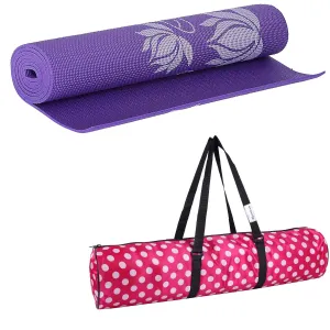 Strauss Yoga Mat, 6mm (Purple Floral) and Anti-Slip Yoga Towel (Purple)