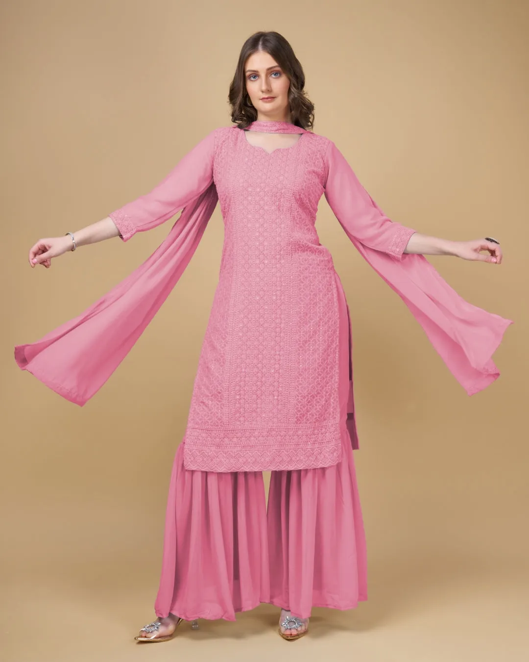 Stunning Faux Georgette Sharara Kurti Dupatta Set - Embroidered Elegance