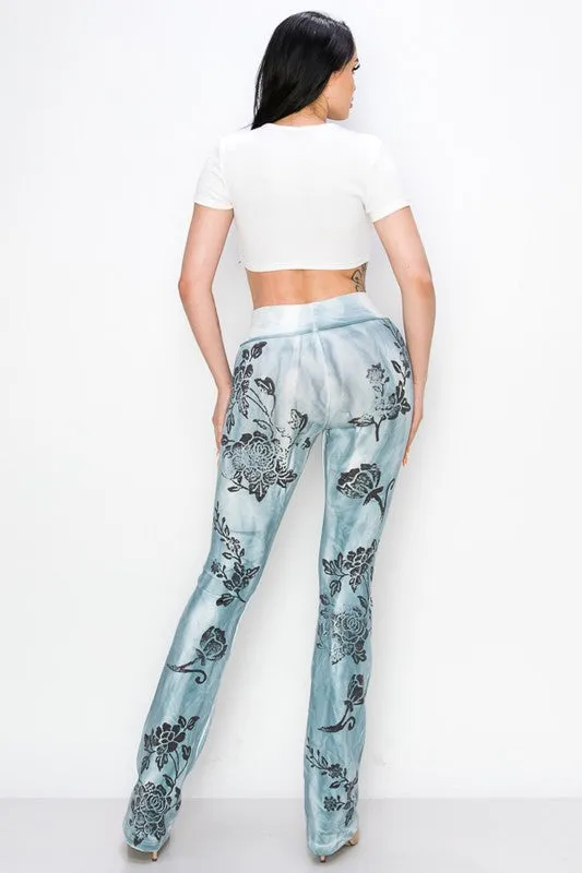 T-Party Vintage Floral Stamp Flare Pants - Blue