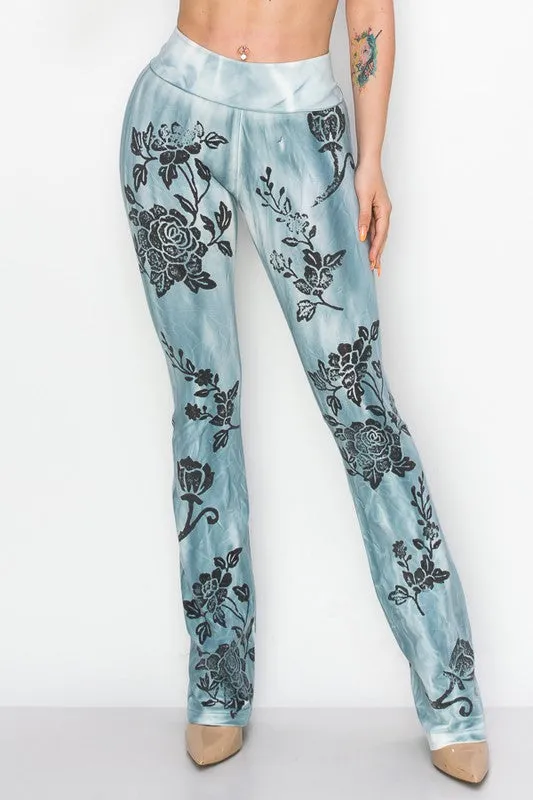 T-Party Vintage Floral Stamp Flare Pants - Blue