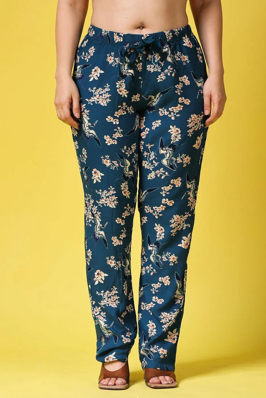 Teal Blue Floral Printed Pants