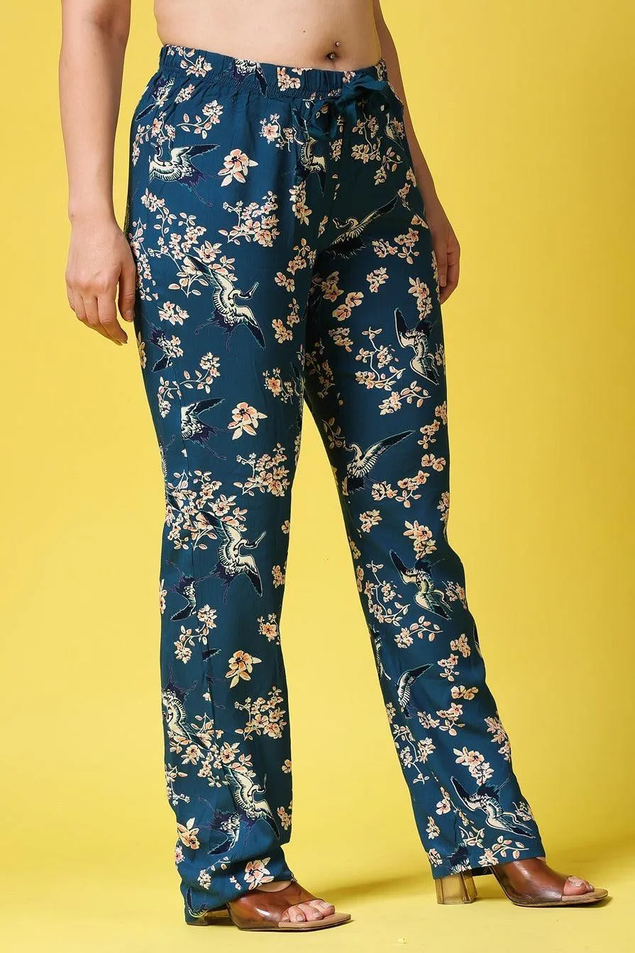 Teal Blue Floral Printed Pants