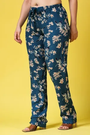 Teal Blue Floral Printed Pants