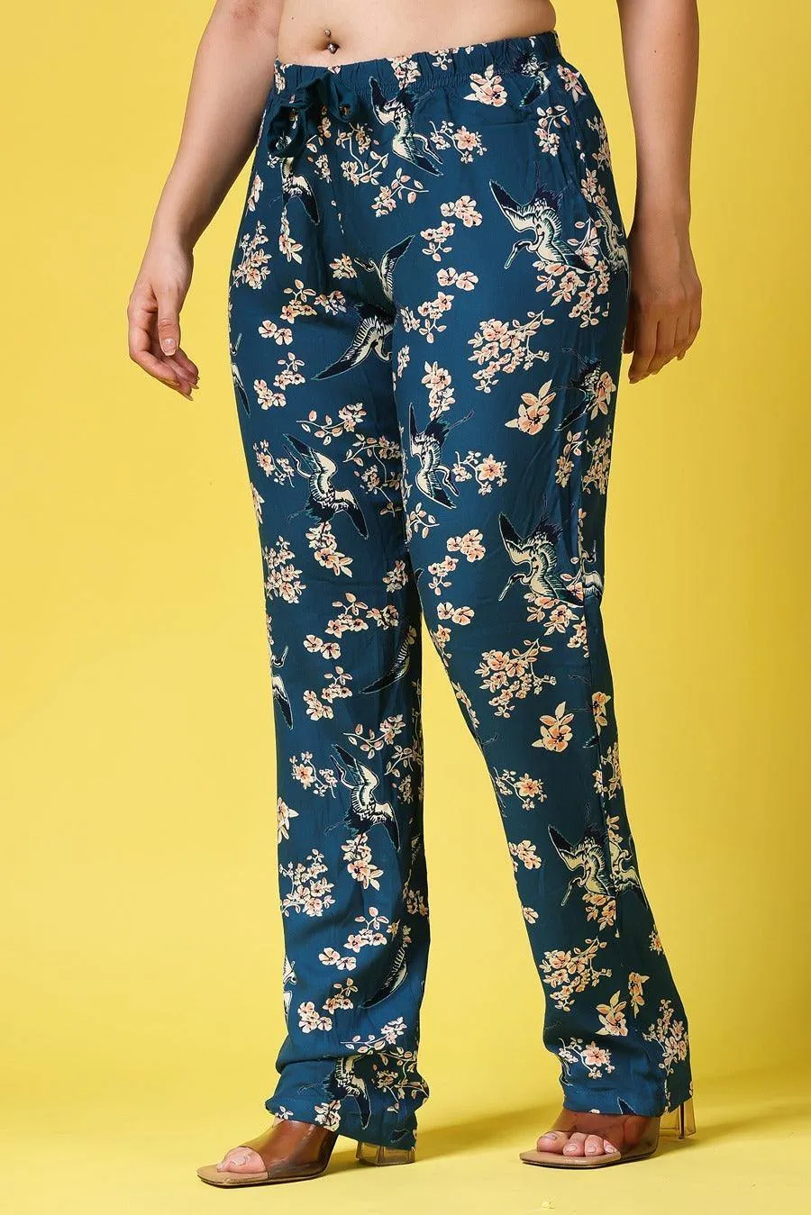 Teal Blue Floral Printed Pants