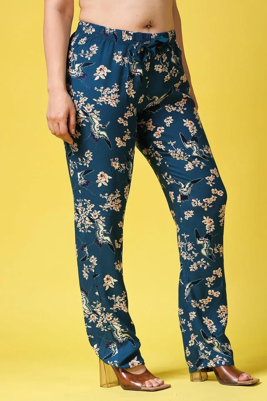 Teal Blue Floral Printed Pants