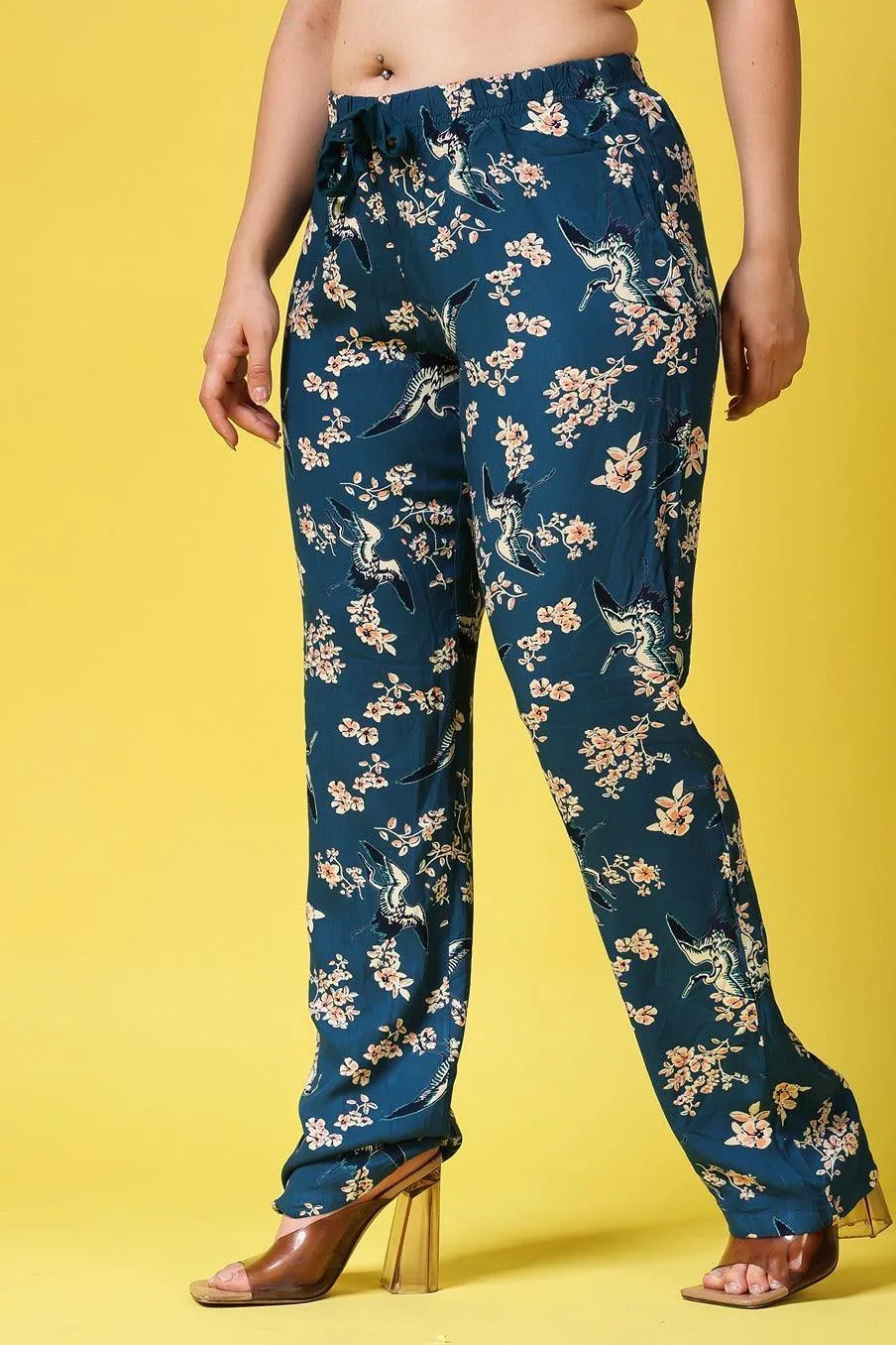 Teal Blue Floral Printed Pants