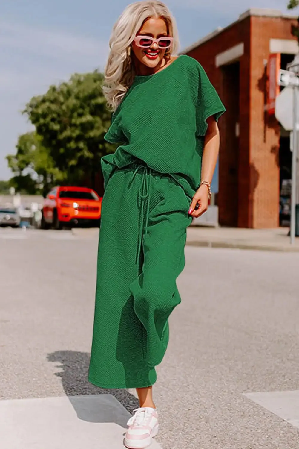 Textured Dark Green Loose Fit T Shirt and Pants Set Homewear