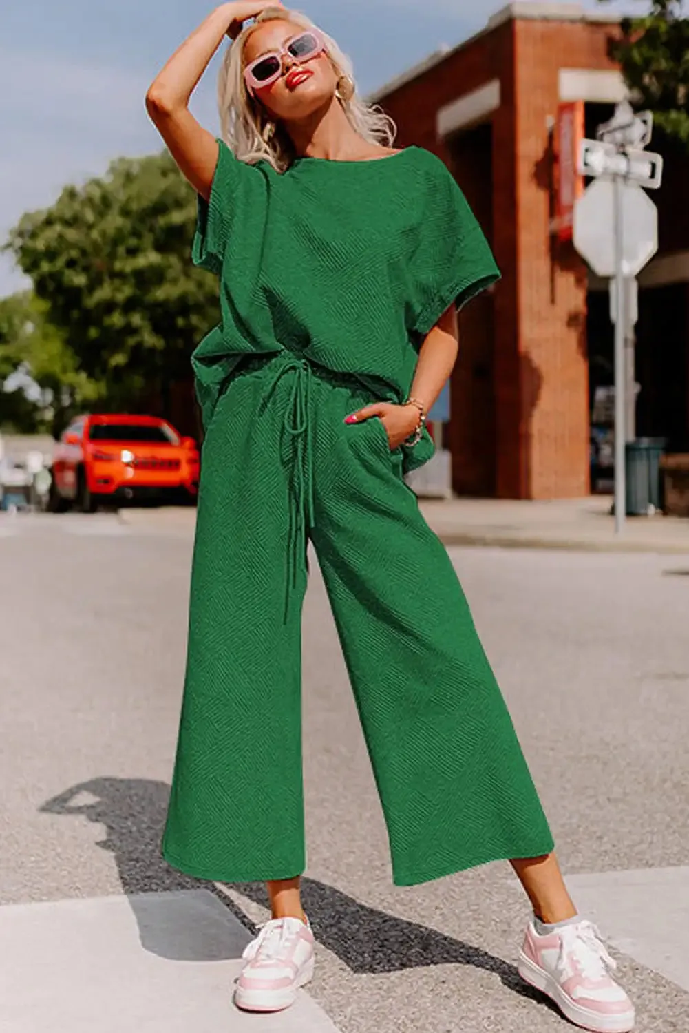 Textured Dark Green Loose Fit T Shirt and Pants Set Homewear