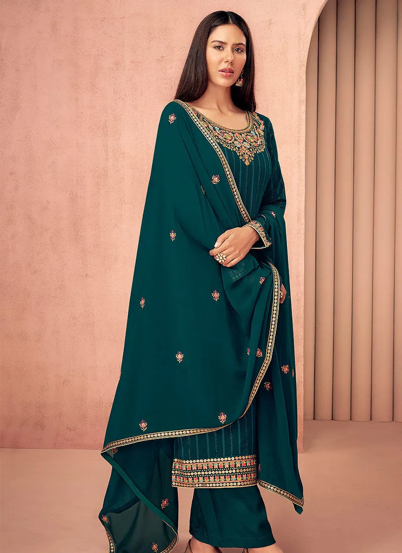 Turquoise Multi Embroidered Georgette Salwar Kameez