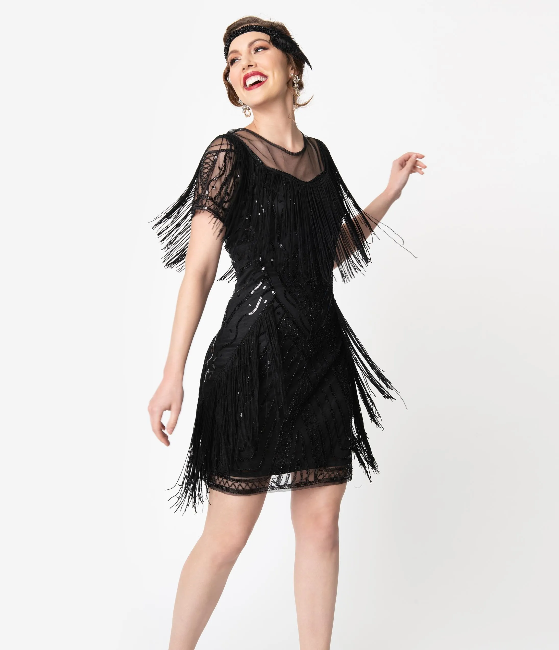 Unique Vintage Black Beaded Sleeve Fringe Le Havre Cocktail Flapper Dress