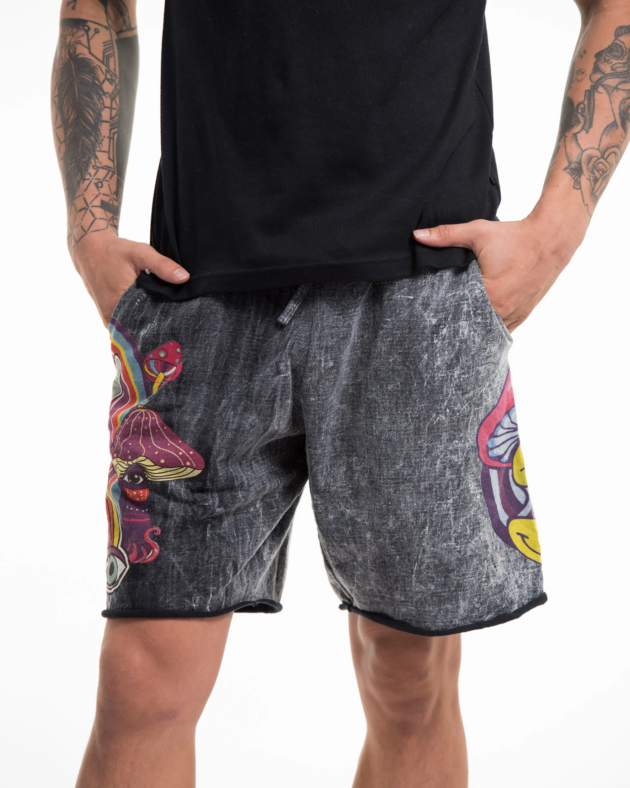 Unisex Mushroom Stone Washed Shorts in Black