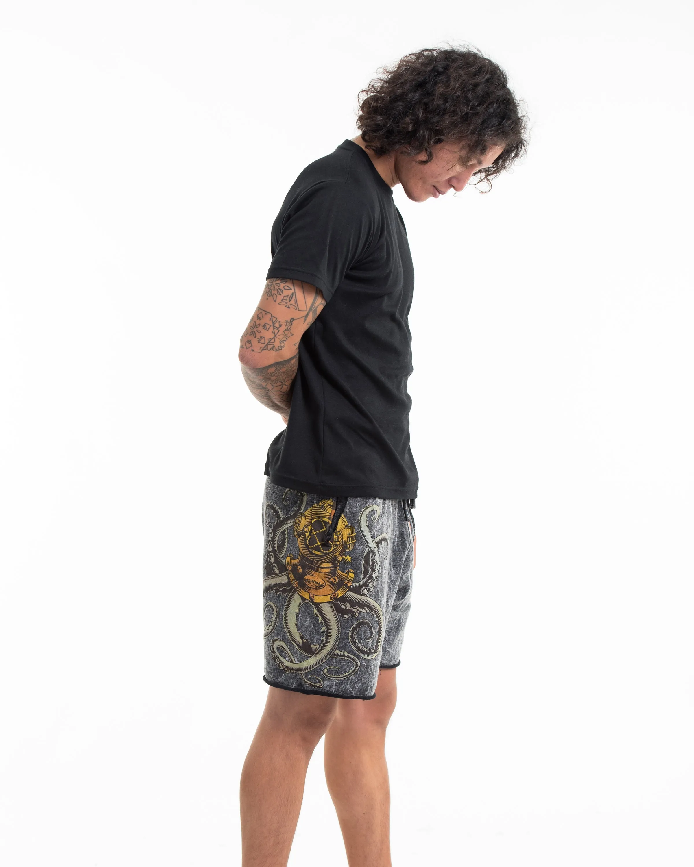 Unisex Octopus Stone Washed Shorts in Black