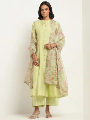 Vark Lime Kurta, Inner, Pants and Embroidered Cotton Blend Dupatta Set