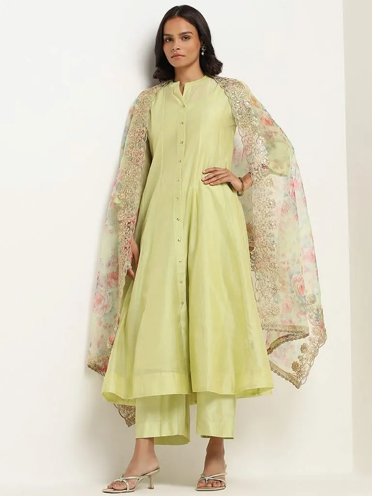 Vark Lime Kurta, Inner, Pants and Embroidered Cotton Blend Dupatta Set