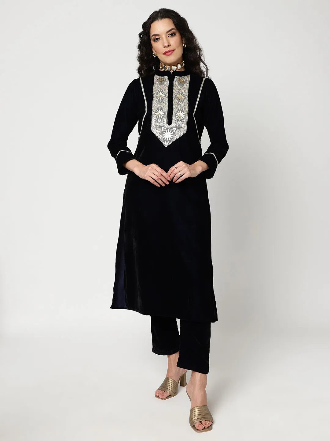 Velvet V-Shape Embroidered Yoke Kurta With Straight Pant Set