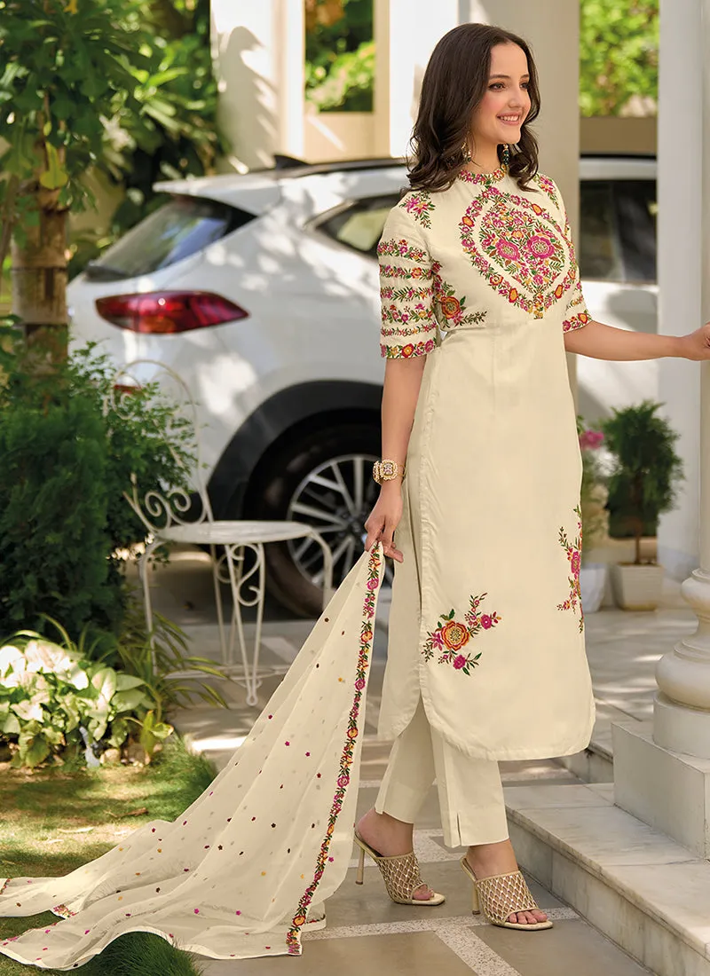 White Multi Sequence Embroidery Traditional Pant Suit