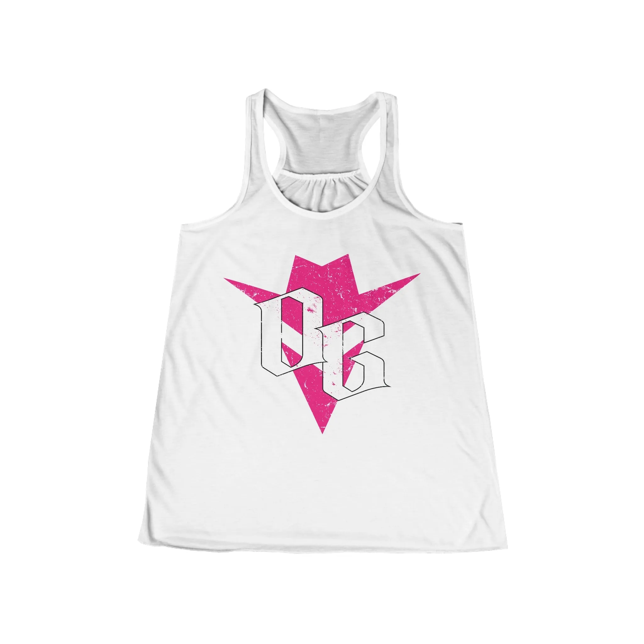 Women's Flowy Racerback Tank - PINK AND WHITE LOGO