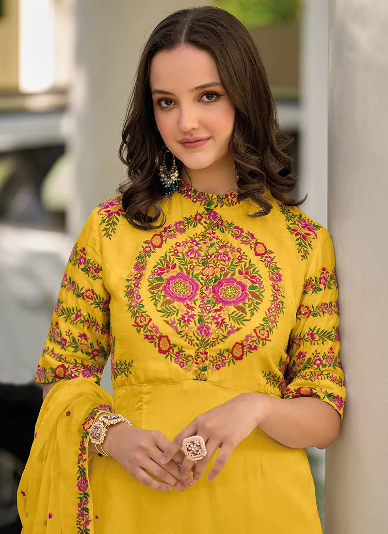 Yellow Multi Sequence Embroidery Traditional Pant Suit