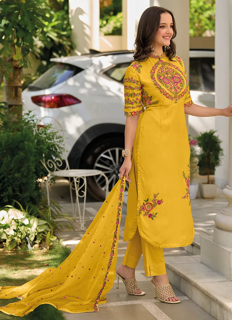 Yellow Multi Sequence Embroidery Traditional Pant Suit